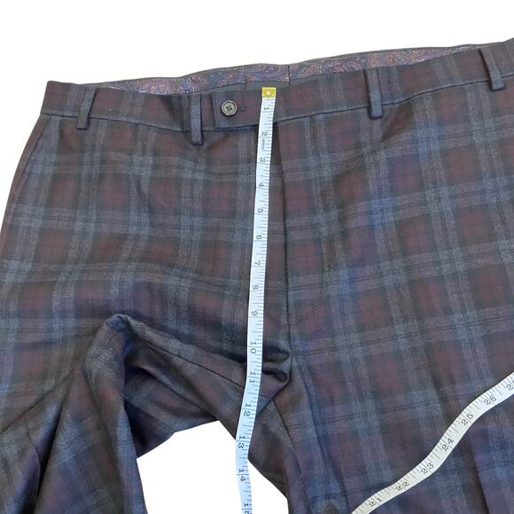 L-Ralph Lauren Mens Wool Blend Burgundy Plaid Flat Front Dress Pants Slim Fit - Picture 13 of 16